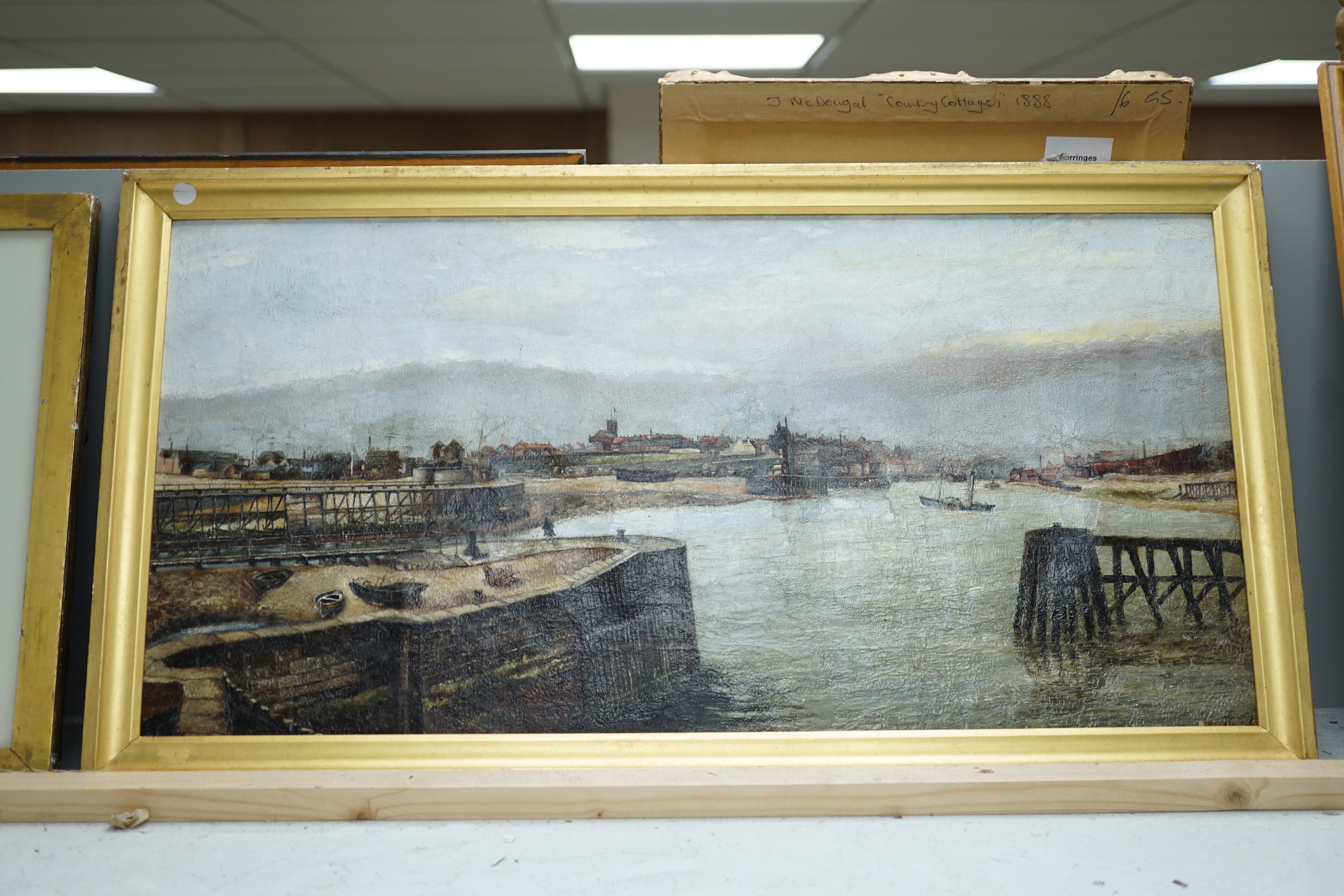 John Smith of Roker, oil on canvas laid on board, 'Sunderland Harbour', signed, 30 x 60cm